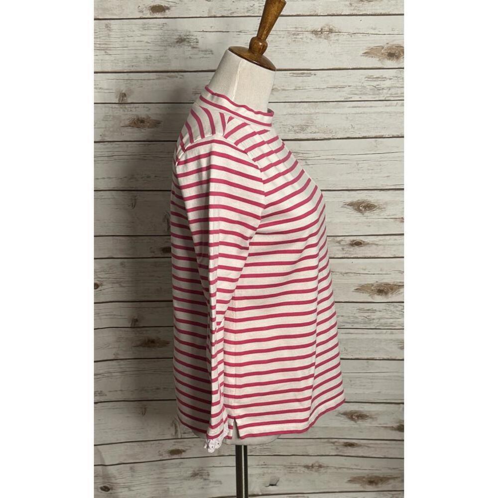 Talbots pink/white cotton striped lace eyelet trim mock neck top Size MP - Picture 6 of 8